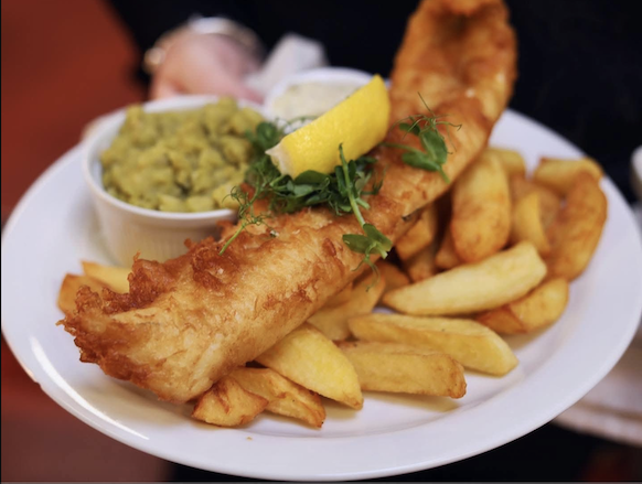 fish and chips with peas